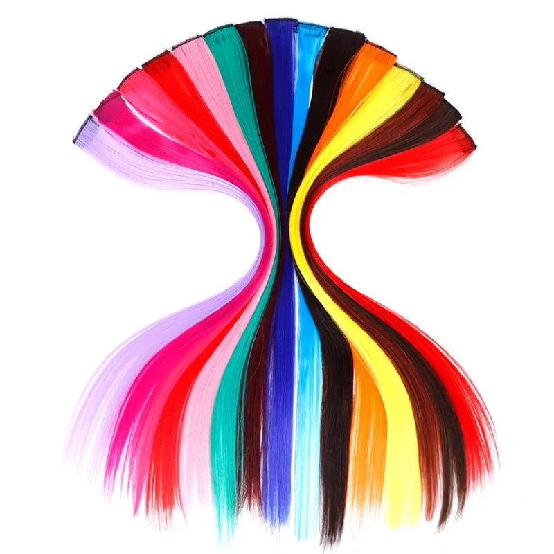 BUQI Straight Clip-In Colored Hair Extensions – Rainbow Synthetic Hair Streaks in Pink, Orange, White & Purple