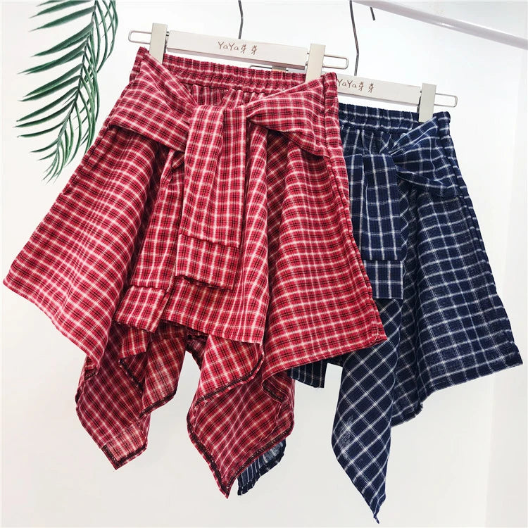 TOTRUST Women’s Fashion Asymmetrical Summer Plaid Mini Skirt – Casual College Style Fake Shirt Design