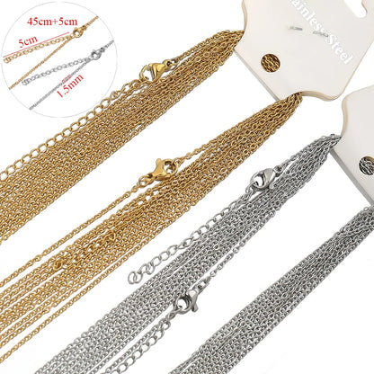 10pcs Gold Stainless Steel Link Chains – 45+5cm Adjustable Necklaces, Fashion Jewelry Chokers for DIY