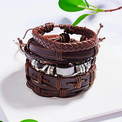 Men's Vintage Multilayer Leather Braid Bracelet - Handmade Star, Leaf & Owl Rope Wrap Bangle, Male Gift Jewelry