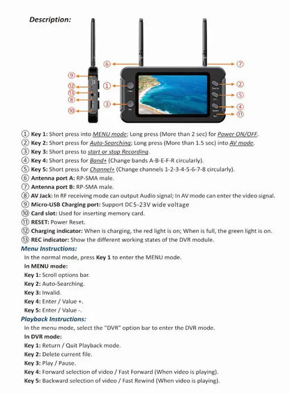 5.8G FPV Monitor with DVR – 40CH 4.3 Inch LCD Display, Auto Search, NTSC/PAL Video Recording for RC Multicopters