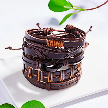 Men's Vintage Multilayer Leather Braid Bracelet - Handmade Star, Leaf & Owl Rope Wrap Bangle, Male Gift Jewelry