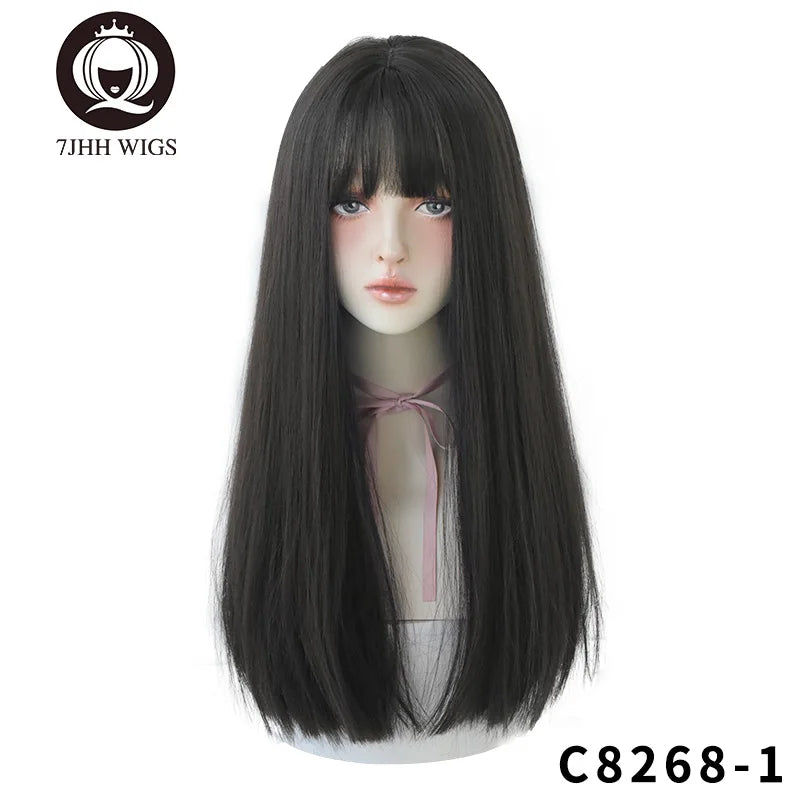 7JHHWIGS Long Straight Light Brown Synthetic Wig with Bangs – Heat-Resistant Daily Wear Wig for Women