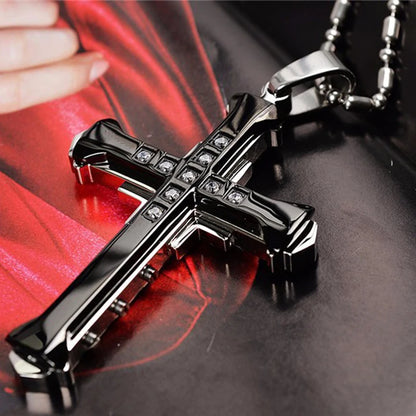 SUMENG 2025 Crystal Cross Jesus Pendant Necklace – Stainless Steel Gold/Black/Blue Zirconia Religious Jewelry for Men, Fashion Christian Gift