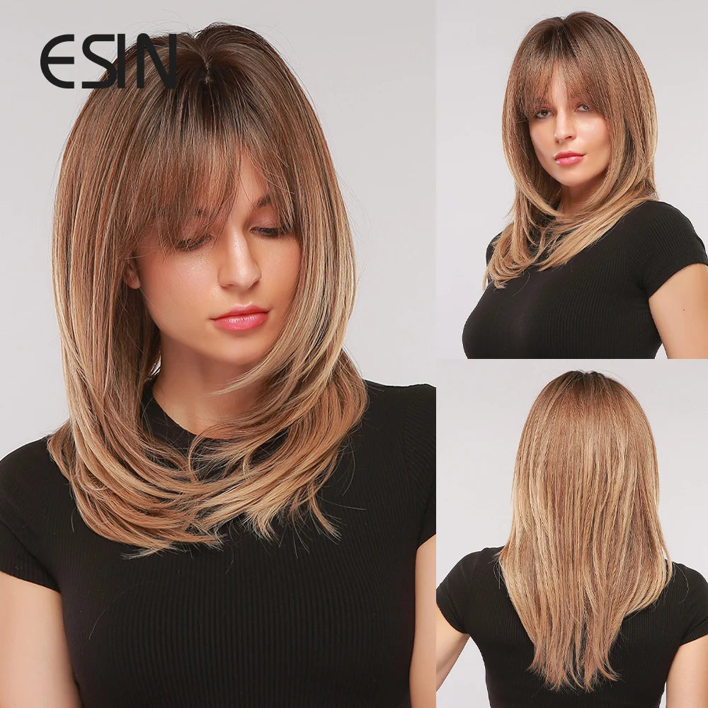 ESIN Synthetic Dark Brown Wig for Women - Long Wavy Wig with Bangs, Heat Resistant for Party & Daily Use