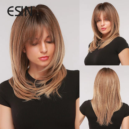 ESIN Synthetic Dark Brown Wig for Women - Long Wavy Wig with Bangs, Heat Resistant for Party & Daily Use