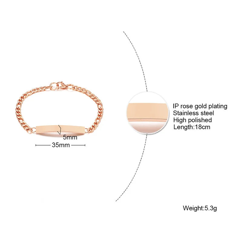 Elegant Personalized ID Bar Bracelet – 5mm Stainless Steel Link Chain for Women with Custom Name or Quote