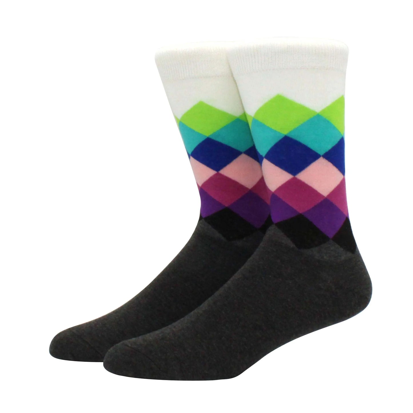 Men’s Funny Argyle Diamond Pattern Cotton Socks – Large Size 3D Geometric Crew Tube Socks, Combed Cotton Casual Novelty Socks