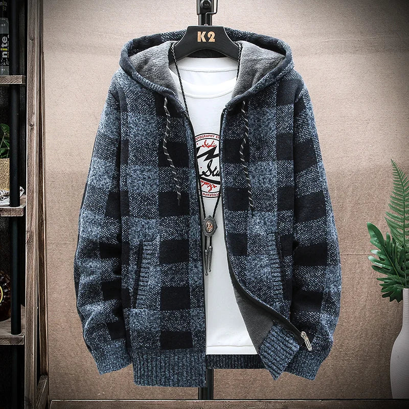 Men's Winter Plaid Hooded Cardigan – Warm Wool Fleece Zipper Jacket Knit Sweater Coat