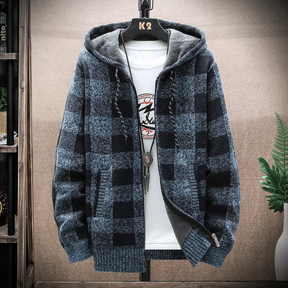 Men's Winter Plaid Hooded Cardigan – Warm Wool Fleece Zipper Jacket Knit Sweater Coat