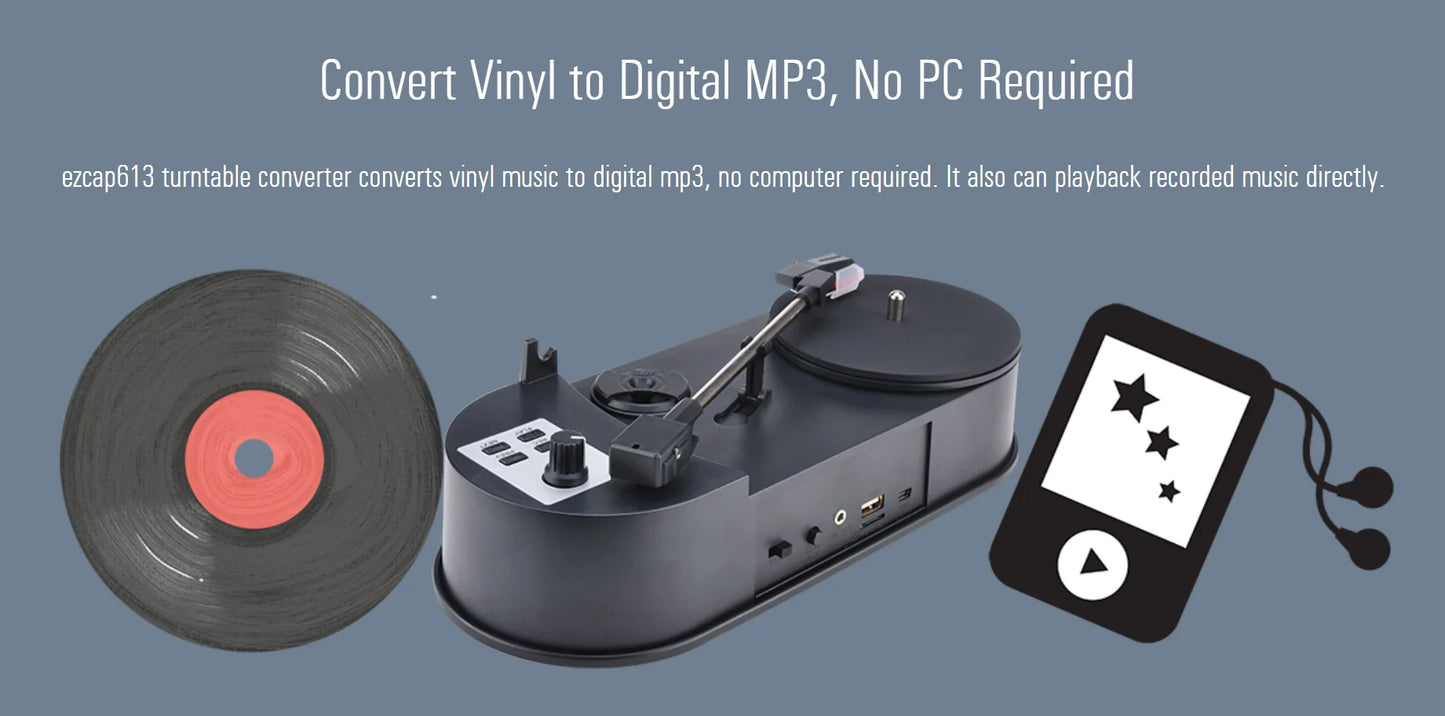 Portable 33/45RPM Phonograph Turntable — Vinyl to MP3 Converter with TF Card/USB & Built-in Speaker