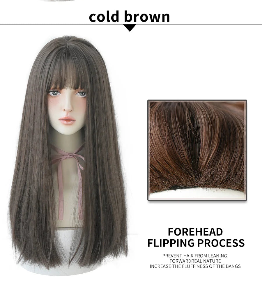 7JHHWIGS Long Straight Light Brown Synthetic Wig with Bangs – Heat-Resistant Daily Wear Wig for Women