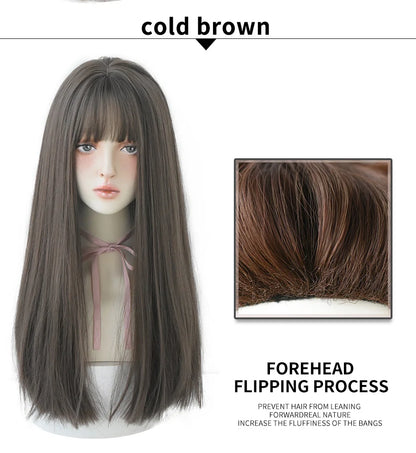 7JHHWIGS Long Straight Light Brown Synthetic Wig with Bangs – Heat-Resistant Daily Wear Wig for Women