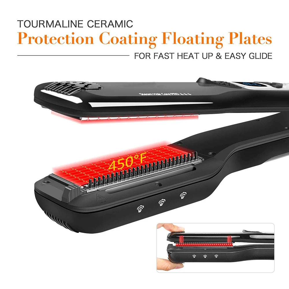 Professional Hair Straightener – Dual Voltage Titanium Curling Iron, Steam Flat Iron & Hot Hair Comb with Wide Plates