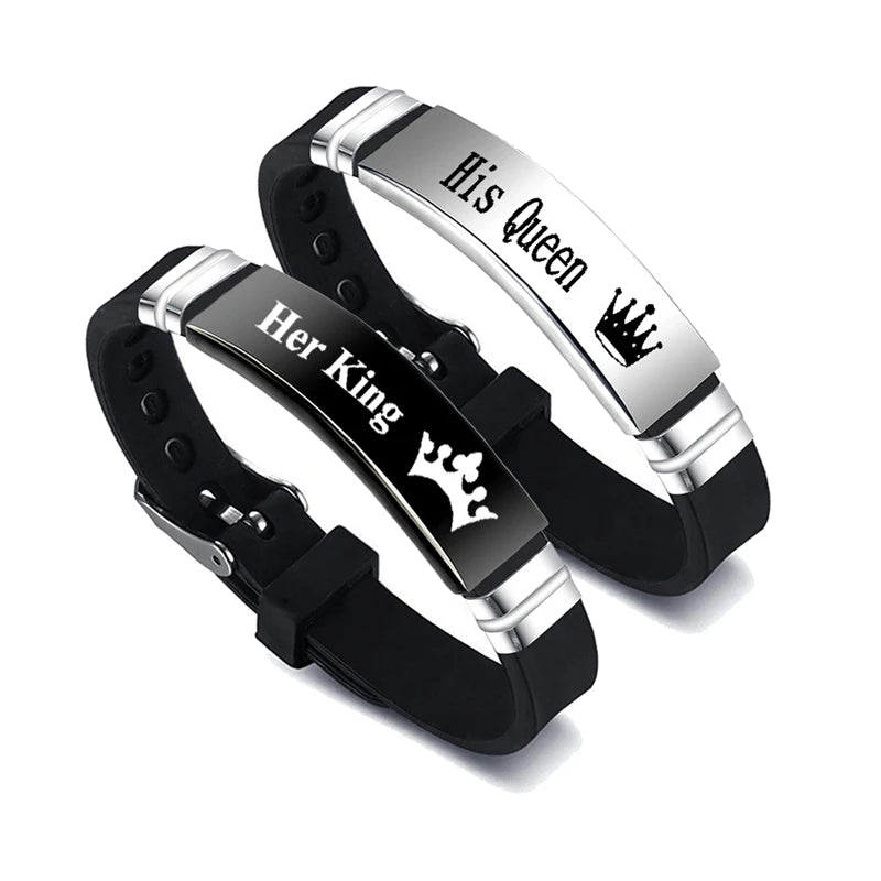 2 Pcs/Set His Queen Her King Couple Bracelets - Stainless Steel Adjustable Silicone Strap Bangles for Valentine's Day Gift