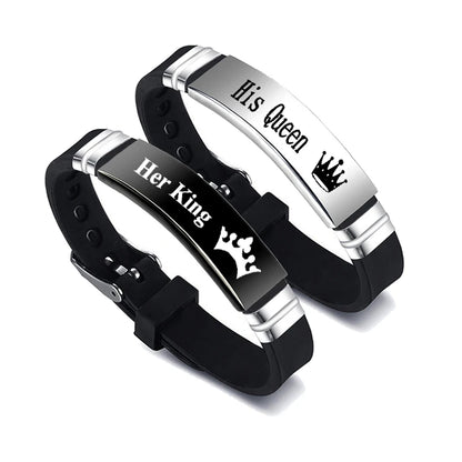 2 Pcs/Set His Queen Her King Couple Bracelets - Stainless Steel Adjustable Silicone Strap Bangles for Valentine's Day Gift
