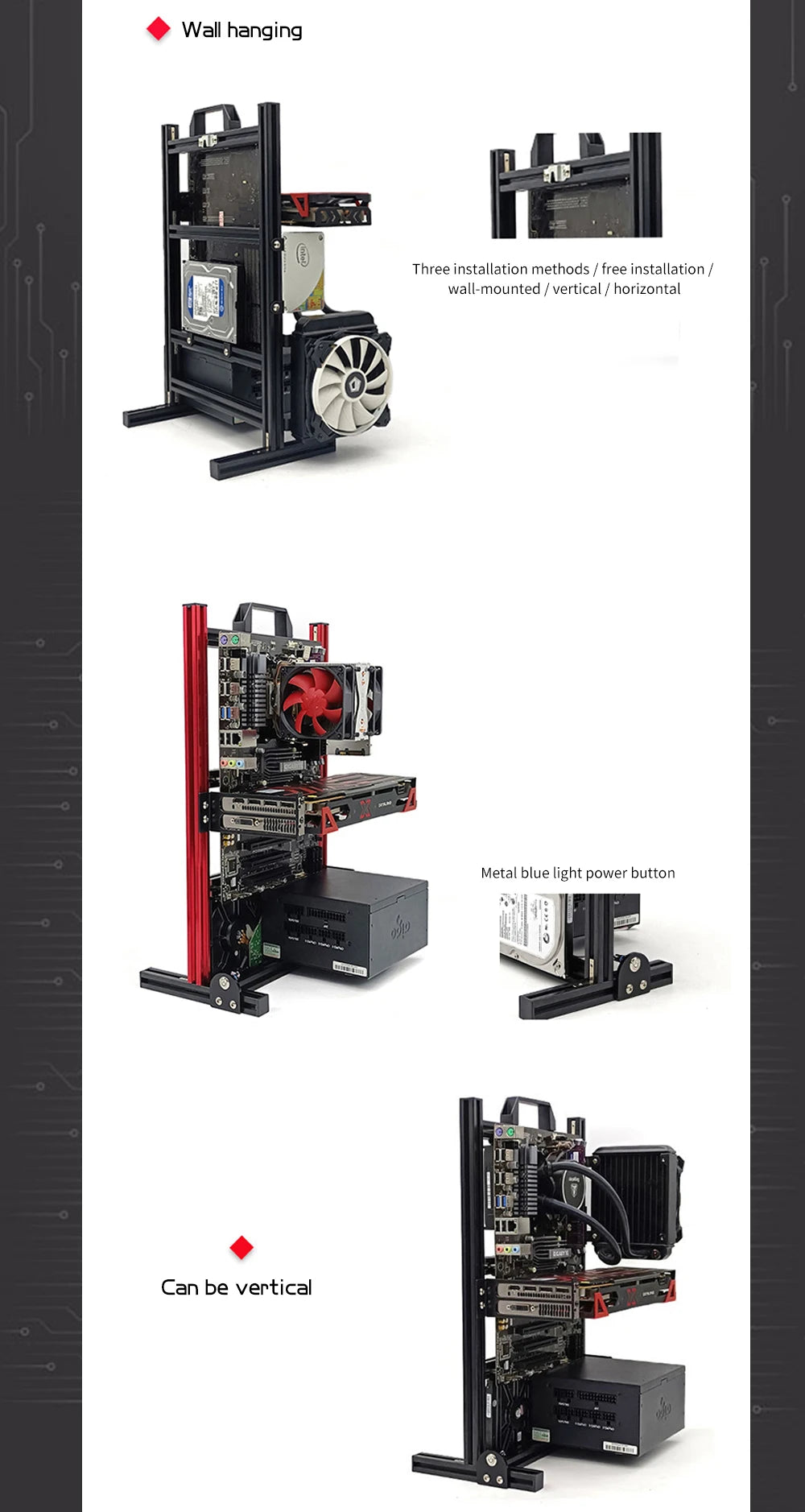 Aluminum Open Frame PC Case – Supports ITX/MATX/ATX Motherboards, Vertical Gaming Cabinet for DIY & Water Cooling Builds