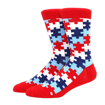 Men’s Funny Argyle Diamond Pattern Cotton Socks – Large Size 3D Geometric Crew Tube Socks, Combed Cotton Casual Novelty Socks