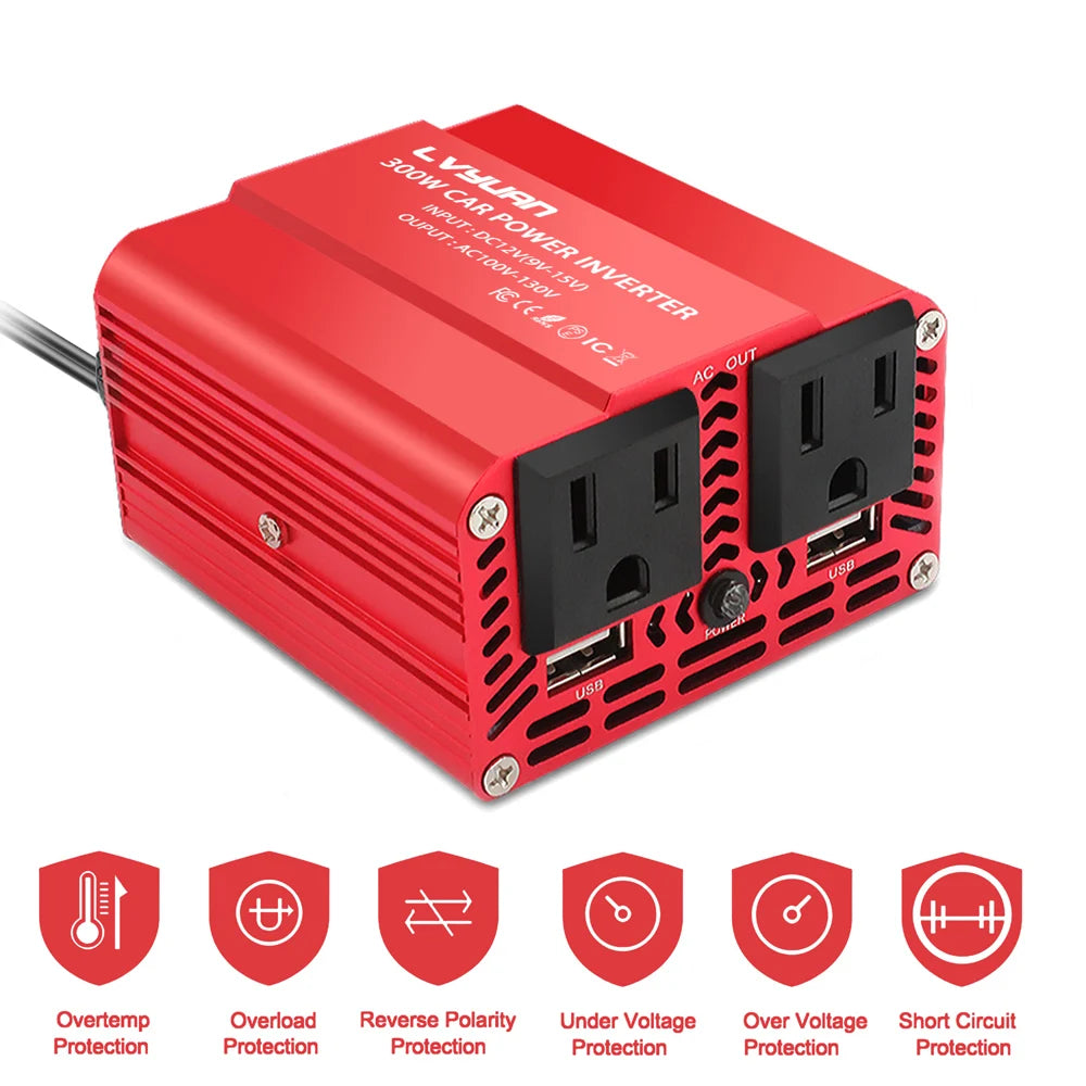 300W Car Power Inverter - DC 12V to AC 110V/220V Dual USB Adapter Converter with Modified Sine Wave, EU & US Sockets