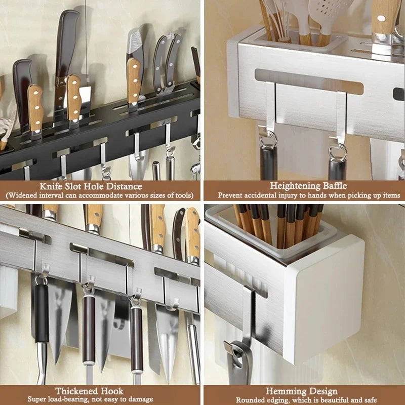 Organize Your Kitchen: Stainless Steel Wall Mounted Knife Holder Shelf - Nail-Free Storage Rack with Hooks for Cutlery - Cabinet Organizer for a Clutter-Free Kitchen