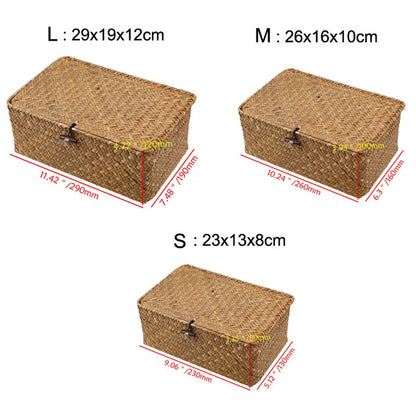 Rectangular Hand-Woven Rattan Wicker Storage Basket - Desktop Organizer for Sundries and Clothes Container