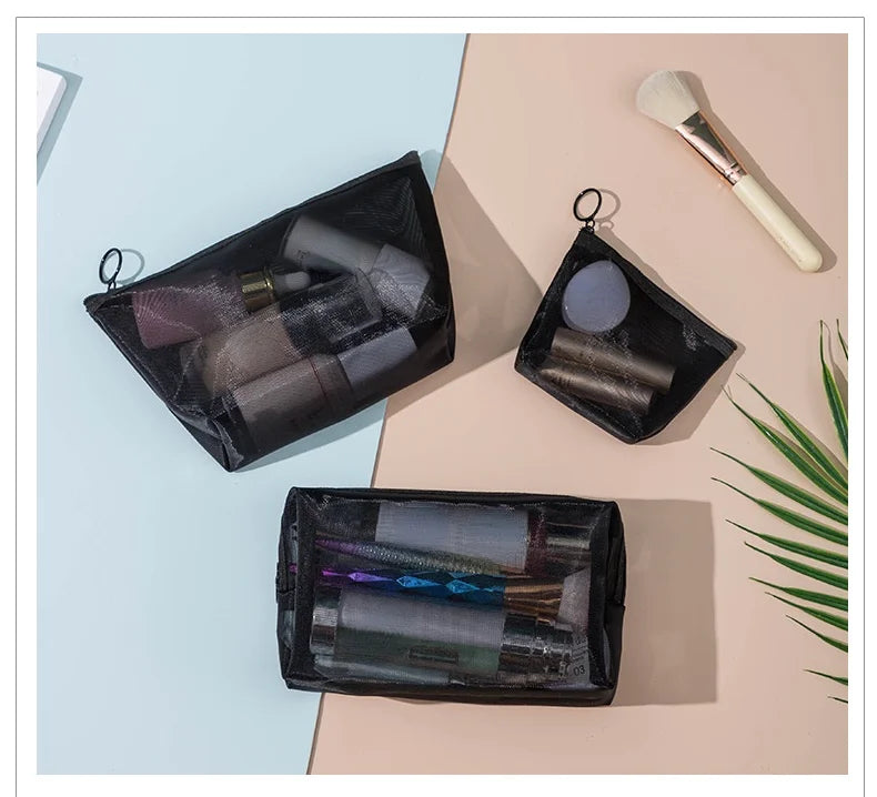 Transparent Mesh Zipper Cosmetic Bag – Fashionable Black Toiletry Organizer, Small & Large Makeup Pouch for Women