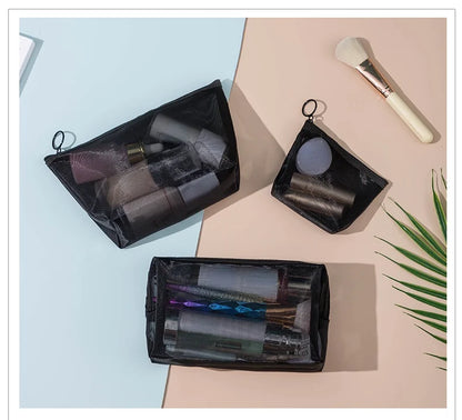 Transparent Mesh Zipper Cosmetic Bag – Fashionable Black Toiletry Organizer, Small & Large Makeup Pouch for Women