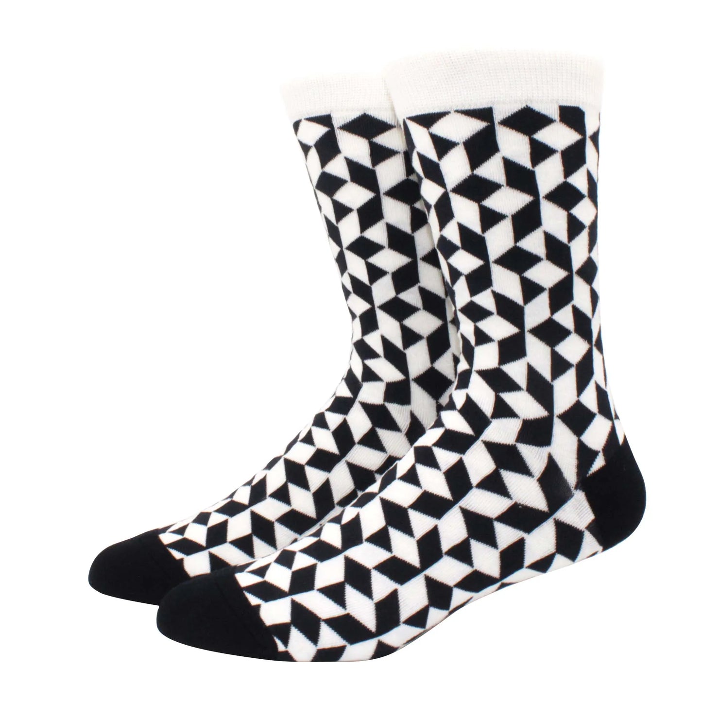 Men’s Funny Argyle Diamond Pattern Cotton Socks – Large Size 3D Geometric Crew Tube Socks, Combed Cotton Casual Novelty Socks