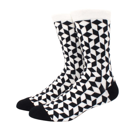 Men’s Funny Argyle Diamond Pattern Cotton Socks – Large Size 3D Geometric Crew Tube Socks, Combed Cotton Casual Novelty Socks