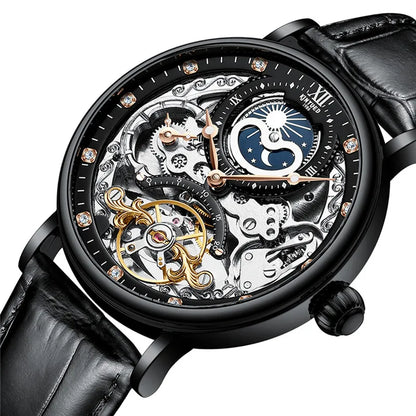 KINYUED Men’s Luxury Rose Gold Skeleton Tourbillon Automatic Watch – Waterproof Mechanical Wristwatch