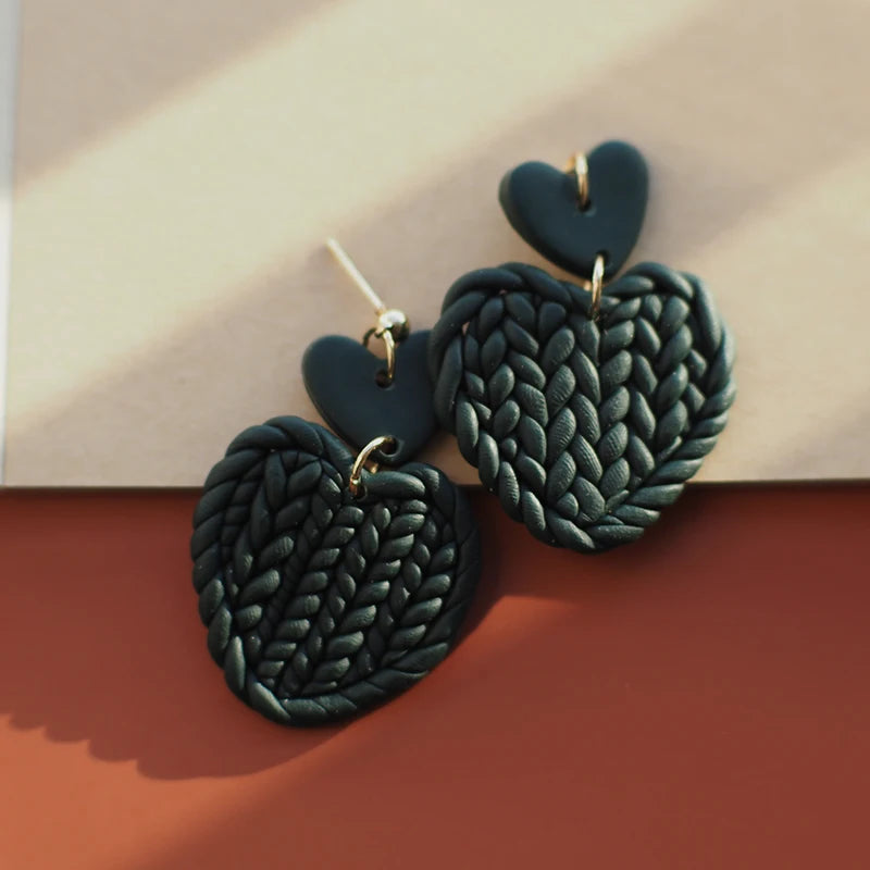 Handmade Knitted Heart-Shaped Polymer Clay Earrings – Braided Multi-Color Dangle Jewelry Set, Cute Love Gift