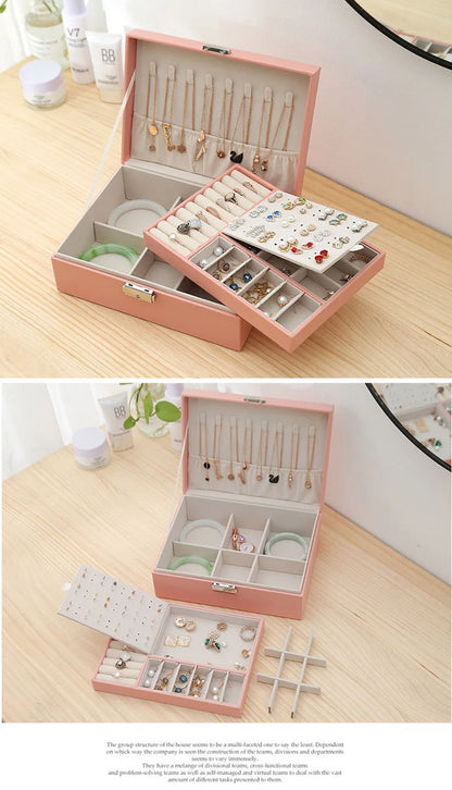 Double-Layer Wooden Jewelry Box – PU Leather Ring & Accessory Organizer with Storage and Makeup Case