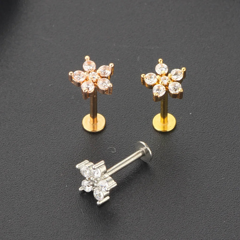 Crystal Flower Tragus Piercing Earring – 16G Cross Cartilage, Helix, Conch, Rook, Lobe & Labret Stud Jewelry