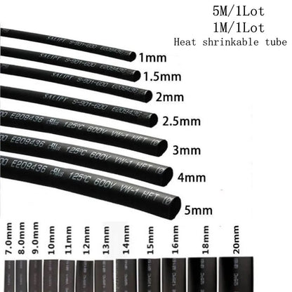5/1 Meter Black Heat Shrink Tubing - 1mm to 6mm Sizes for Electrical Insulation and Protection
