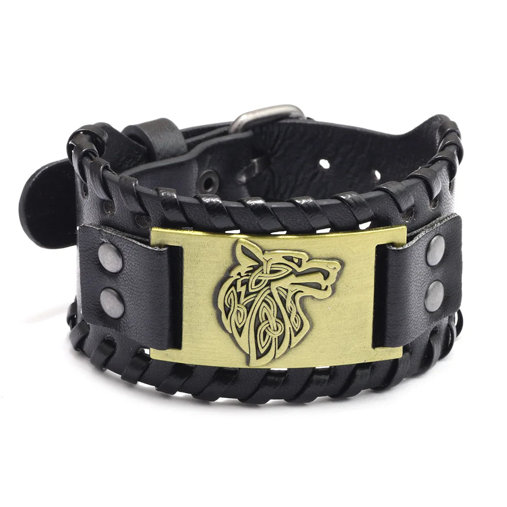 Totem Design Wide Leather Pirate Compass Bracelet - Men's Celtic Viking Jewelry, Party Gift Accessories