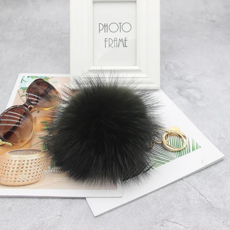 Luxury 15cm Fluffy Real Raccoon Fur Pom Pom Keychain – High-Quality Metal Ring Pendant for Women