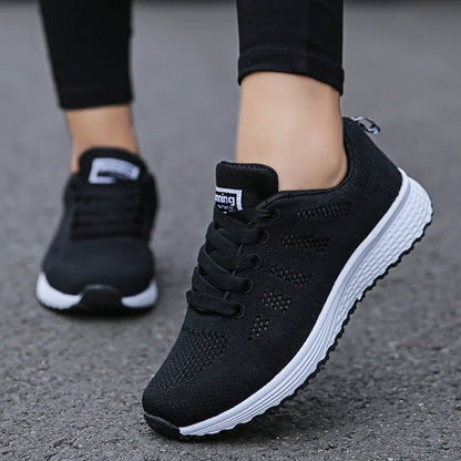Women’s Breathable Mesh Sneakers - Casual Fashion Walking Flat Shoes White Tenis Feminino