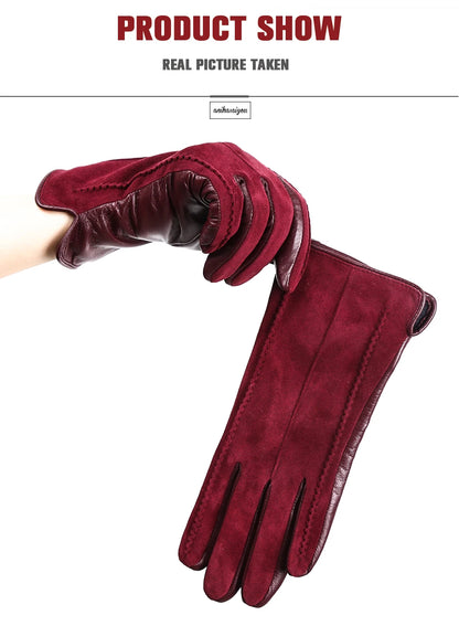 Women’s Winter Touch Gloves – 50% Genuine Leather & 50% Suede, Colorful Warm Leather Gloves