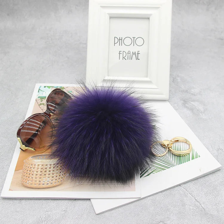 Luxury 15cm Fluffy Real Raccoon Fur Pom Pom Keychain – High-Quality Metal Ring Pendant for Women
