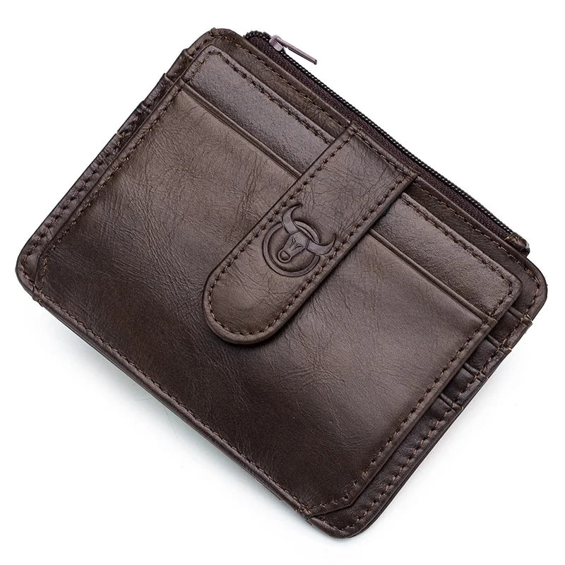 BULLCAPTAIN Genuine Leather RFID Zipper Card Holder – Slim Mini Wallet for Credit Cards & ID, Men’s Business Wallet