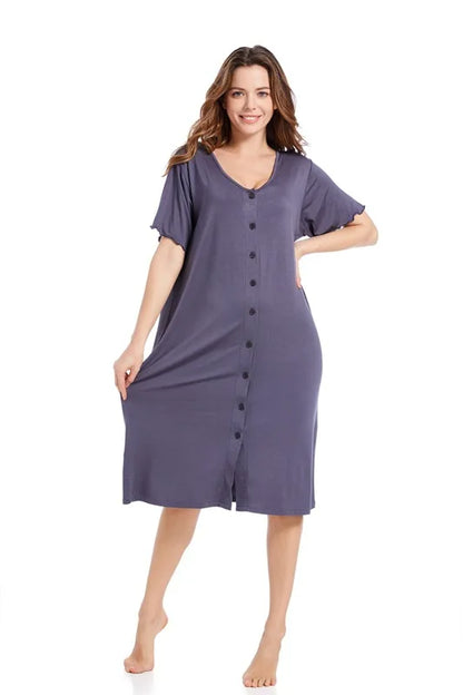 Women’s Modal Short-Sleeve Night Dress – Mid-Length Cotton Sleep Top with Buttons, Plus Size Pajamas