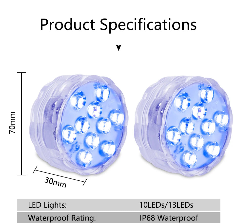 10 LED RGB Underwater Pool Light – Remote Control, Battery Operated, Waterproof Dive Lamp for Aquarium, Vase, and Fish Tank