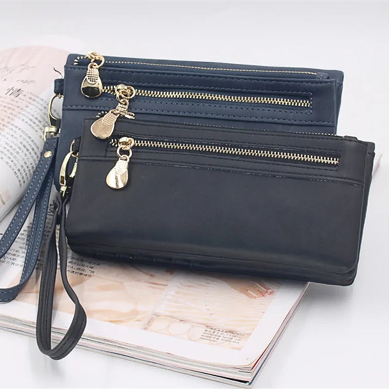 Large Capacity Women's Wallet – Dull Polish Leather, Double Zipper Clutch Wristlet with Phone, Coin & Card Holder Pockets
