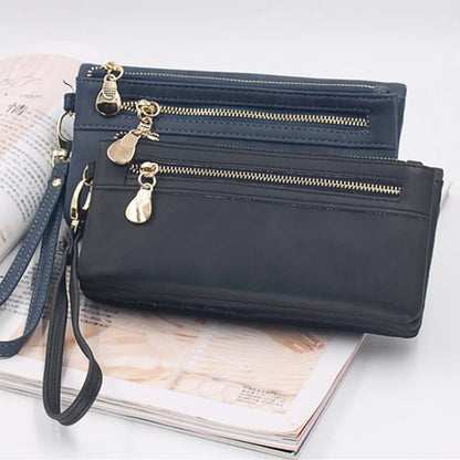 Large Capacity Women's Wallet – Dull Polish Leather, Double Zipper Clutch Wristlet with Phone, Coin & Card Holder Pockets