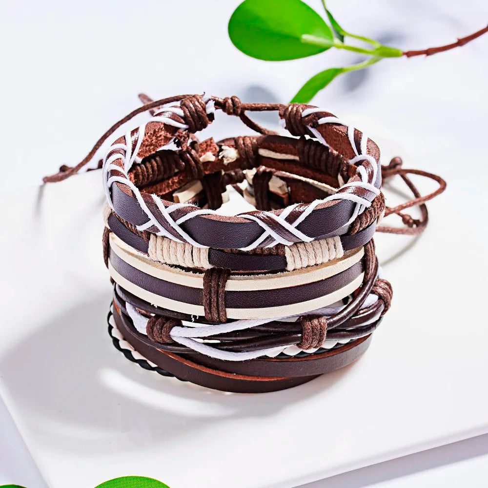 Men's Vintage Multilayer Leather Braid Bracelet - Handmade Star, Leaf & Owl Rope Wrap Bangle, Male Gift Jewelry
