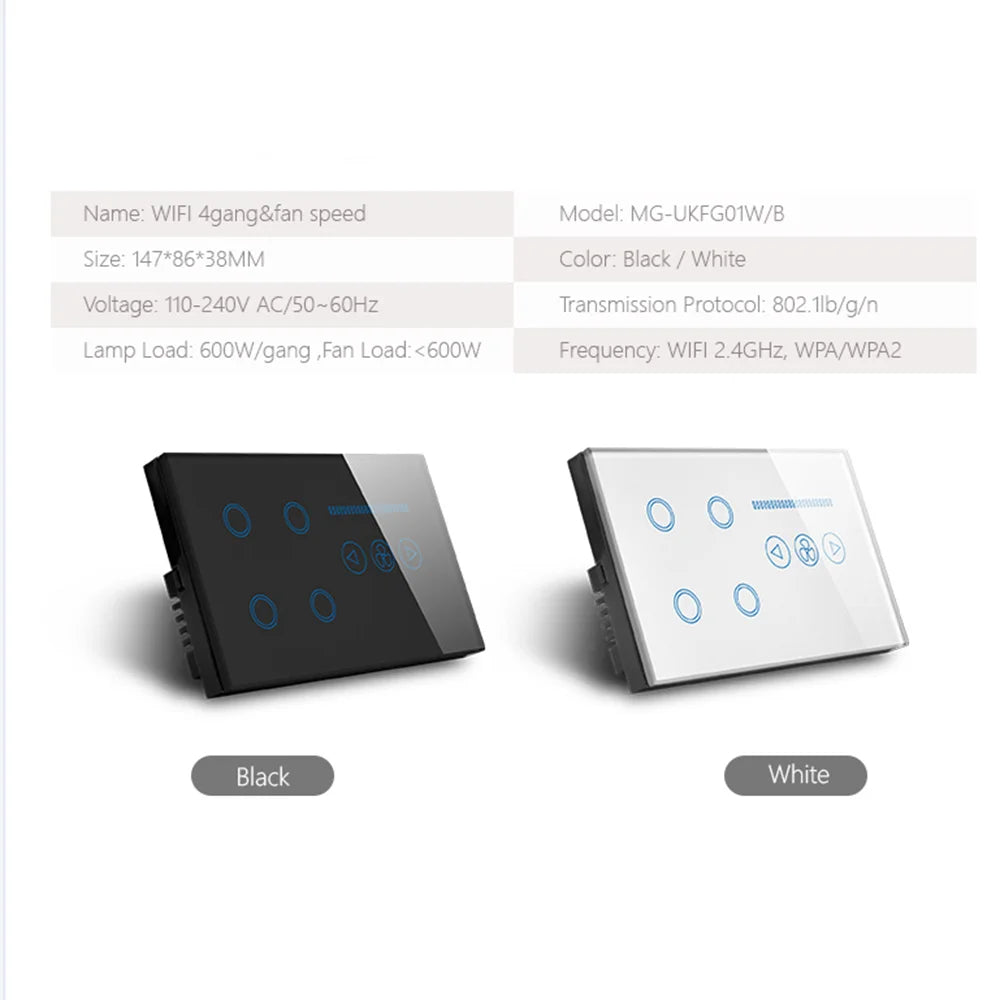 Tuya WiFi Smart Light Switch – 4 Gang Touch Panel, Fan Speed Dimmer, Power Metering, Alexa & Google Home Compatible