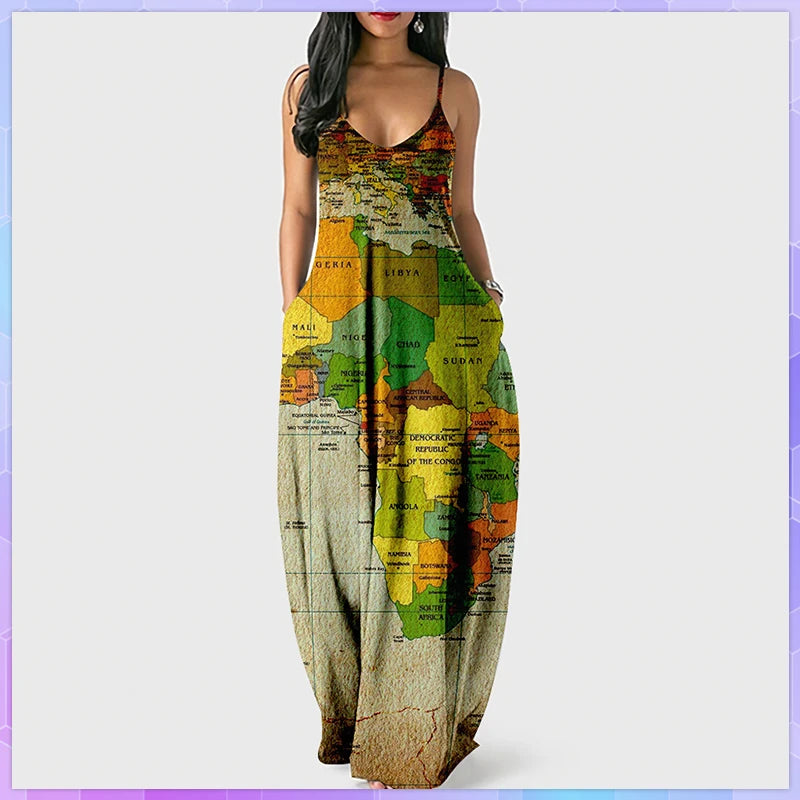 Women’s World Map Beach Dress – Elegant Sexy Long Sundress with Irregular Hem, Sleeveless Spaghetti Straps, Plus Size Summer Dress