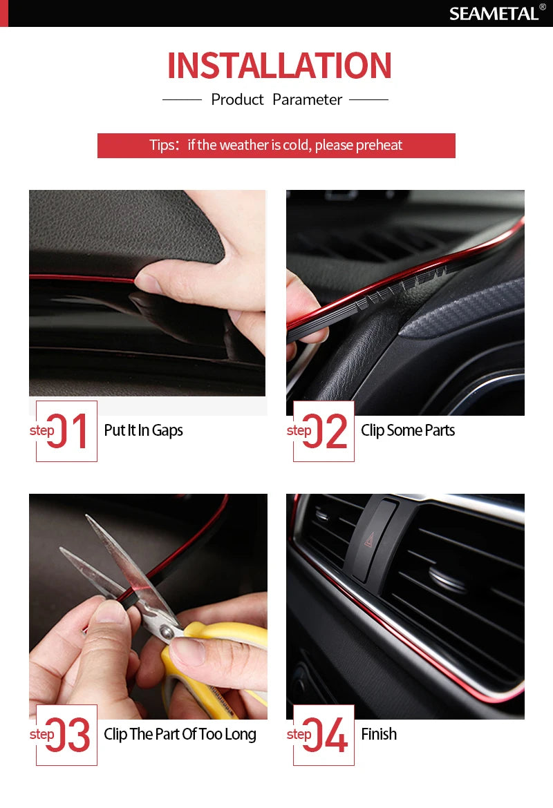 SEAMETAL Car Interior Molding Trim Strips – Flexible Anti-Scratch 5m Decoration Line for Dashboard & Car Styling Accessories