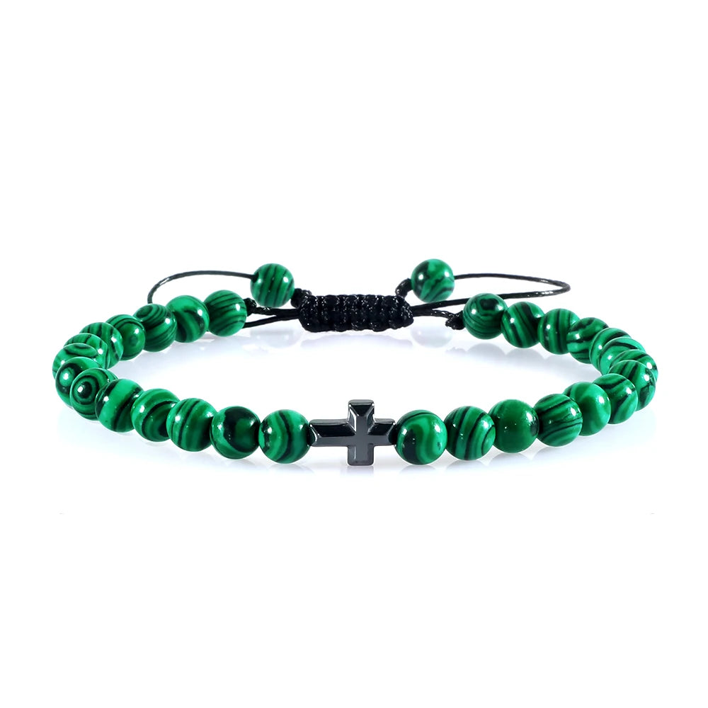 Natural Stone Bead Cross Bracelet - 6mm Braided Christian Prayer Jewelry with Jesus Charm for Men & Women