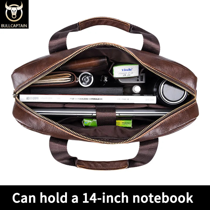 BULLCAPTAIN Men's Genuine Leather Briefcase – 14-Inch Laptop Shoulder Messenger Bag for Business & Office